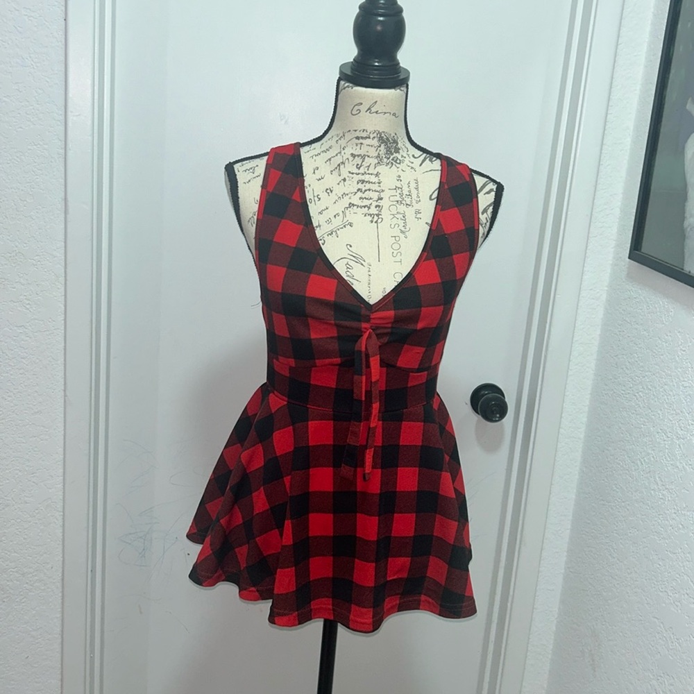 Red and Black Plaid Sleeveless Tie-Front Peplum Top
